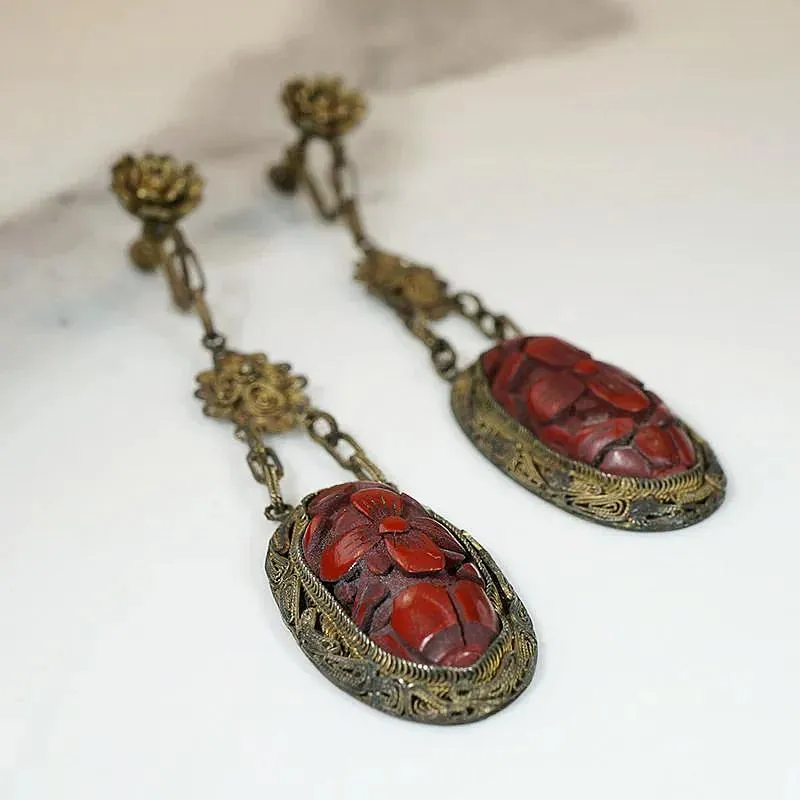 Decadent Cinnabar & Brass Filigree Earrings