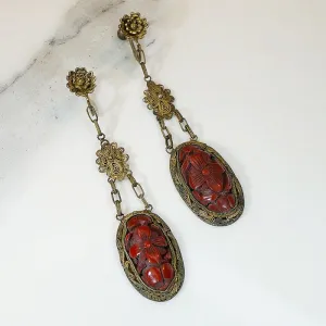 Decadent Cinnabar & Brass Filigree Earrings