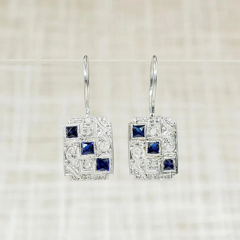 Delicate Platinum Earrings with Sapphires & Diamonds