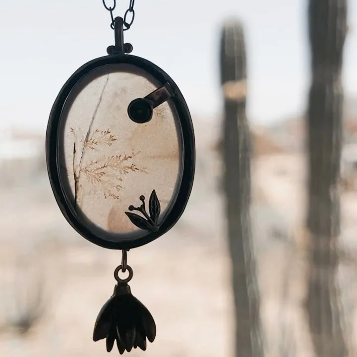 Dendritic quartz necklace with fern terrarium in silver