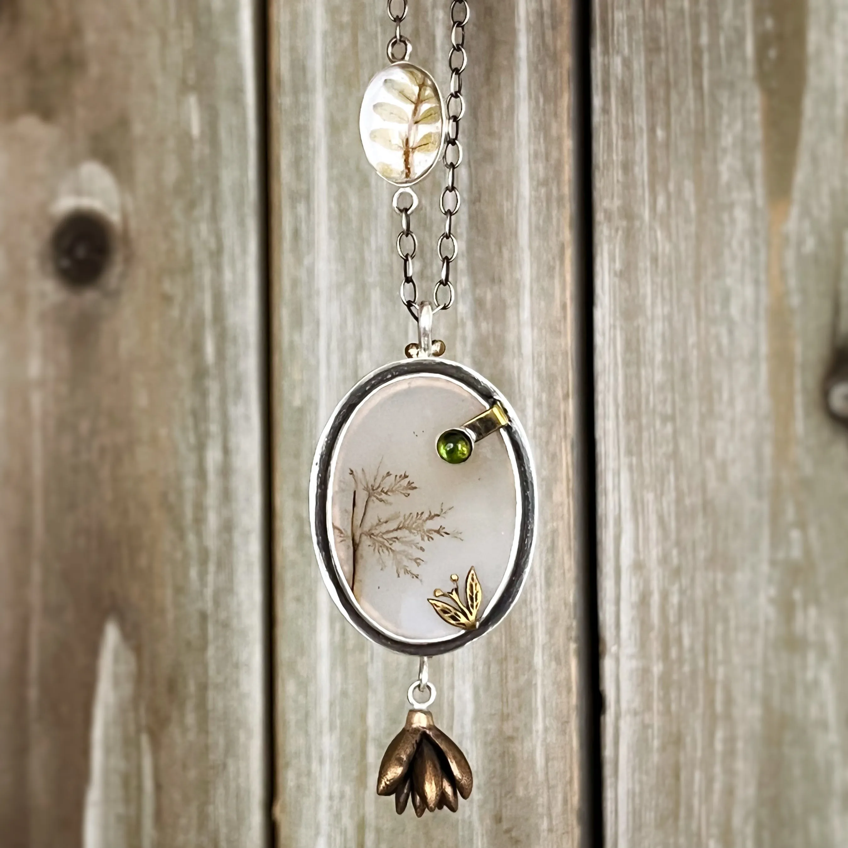 Dendritic quartz necklace with fern terrarium in silver