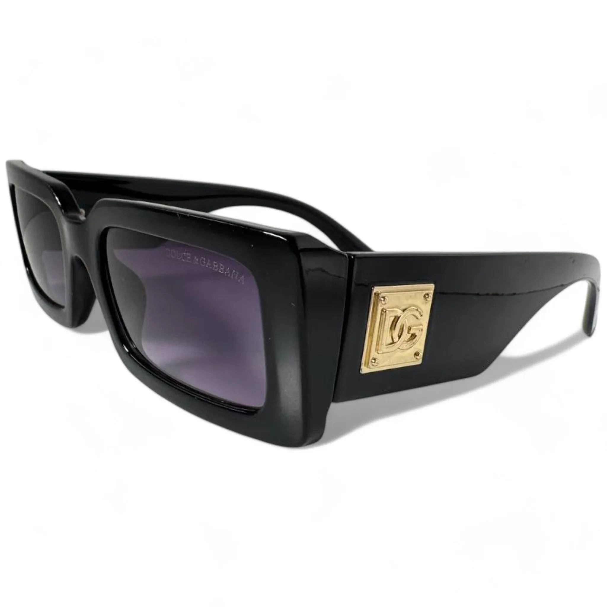 Dolce & Gabbana Black Rectangular Sunglasses with Gold Logo Plate