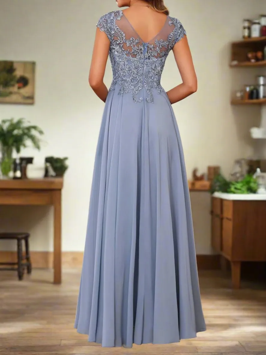 Dusty Blue Scoop Neck Short Sleeves Mother of The Bride Dresses with Lace Appliques