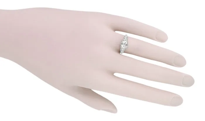 East West White Sapphire Filigree Edwardian Engagement Ring in 14 Karat White Gold
