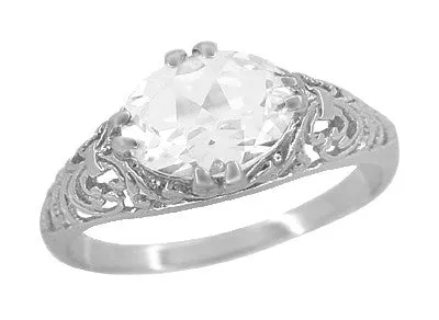 East West White Sapphire Filigree Edwardian Engagement Ring in 14 Karat White Gold