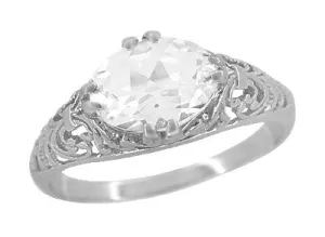 East West White Sapphire Filigree Edwardian Engagement Ring in 14 Karat White Gold