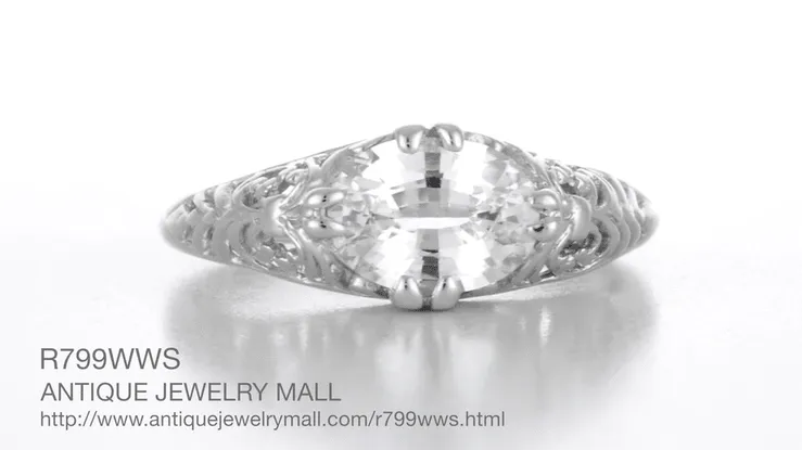 East West White Sapphire Filigree Edwardian Engagement Ring in 14 Karat White Gold
