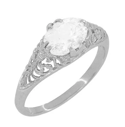 East West White Sapphire Filigree Edwardian Engagement Ring in 14 Karat White Gold