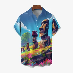 Easter Island Moai Statues Chest Pocket Casual Shirt 2501001324