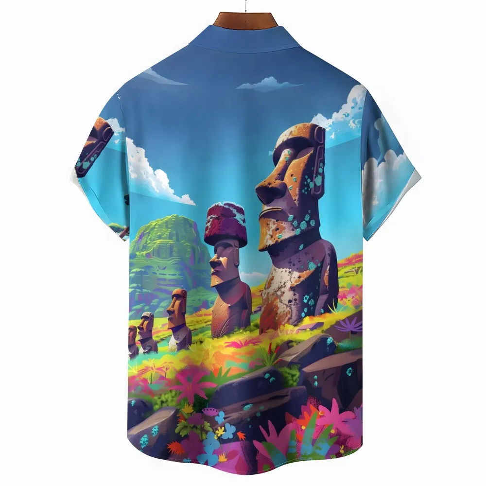 Easter Island Moai Statues Chest Pocket Casual Shirt 2501001324