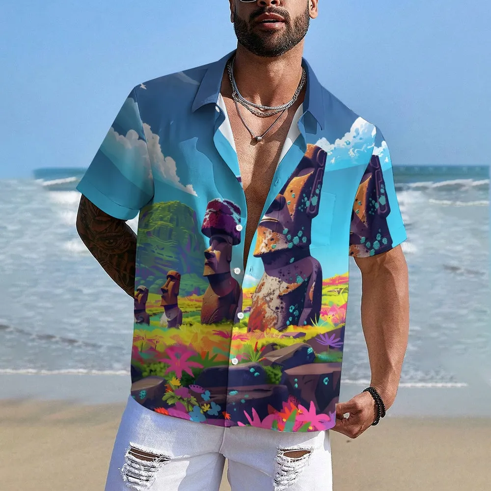 Easter Island Moai Statues Chest Pocket Casual Shirt 2501001324