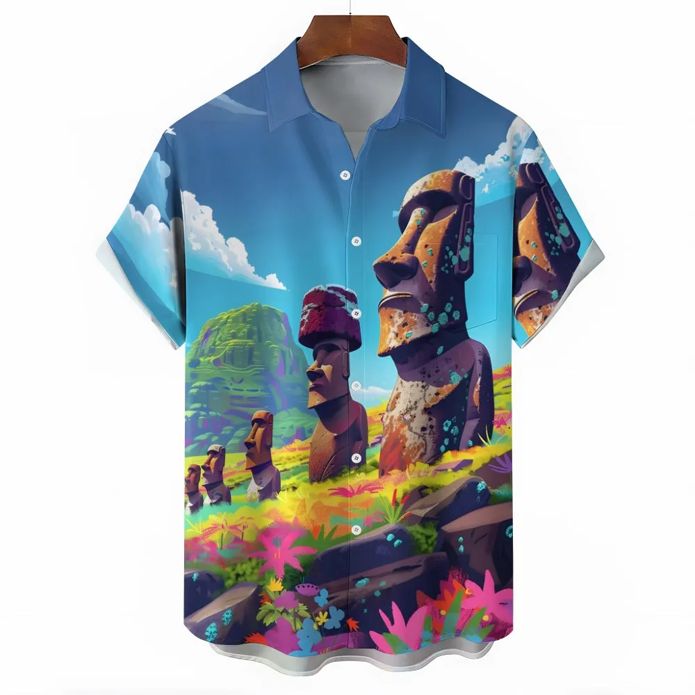 Easter Island Moai Statues Chest Pocket Casual Shirt 2501001324