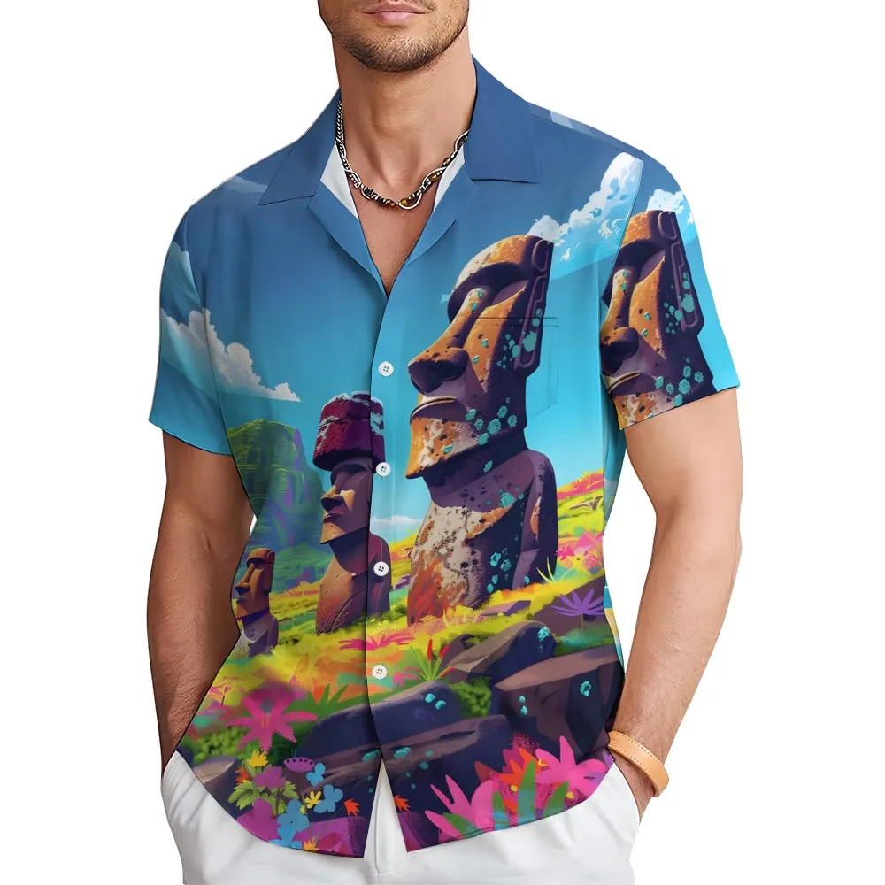 Easter Island Moai Statues Chest Pocket Casual Shirt 2501001324