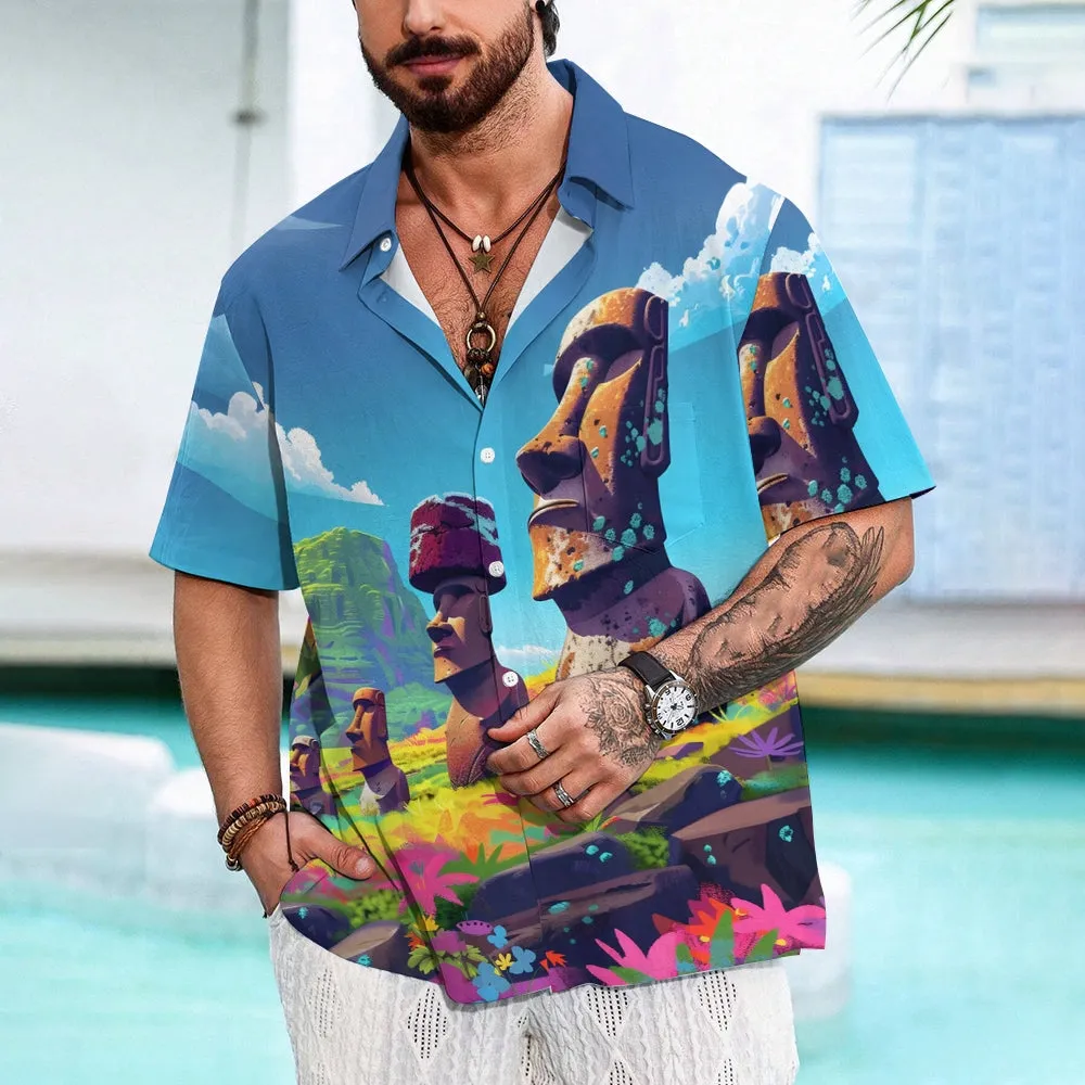 Easter Island Moai Statues Chest Pocket Casual Shirt 2501001324