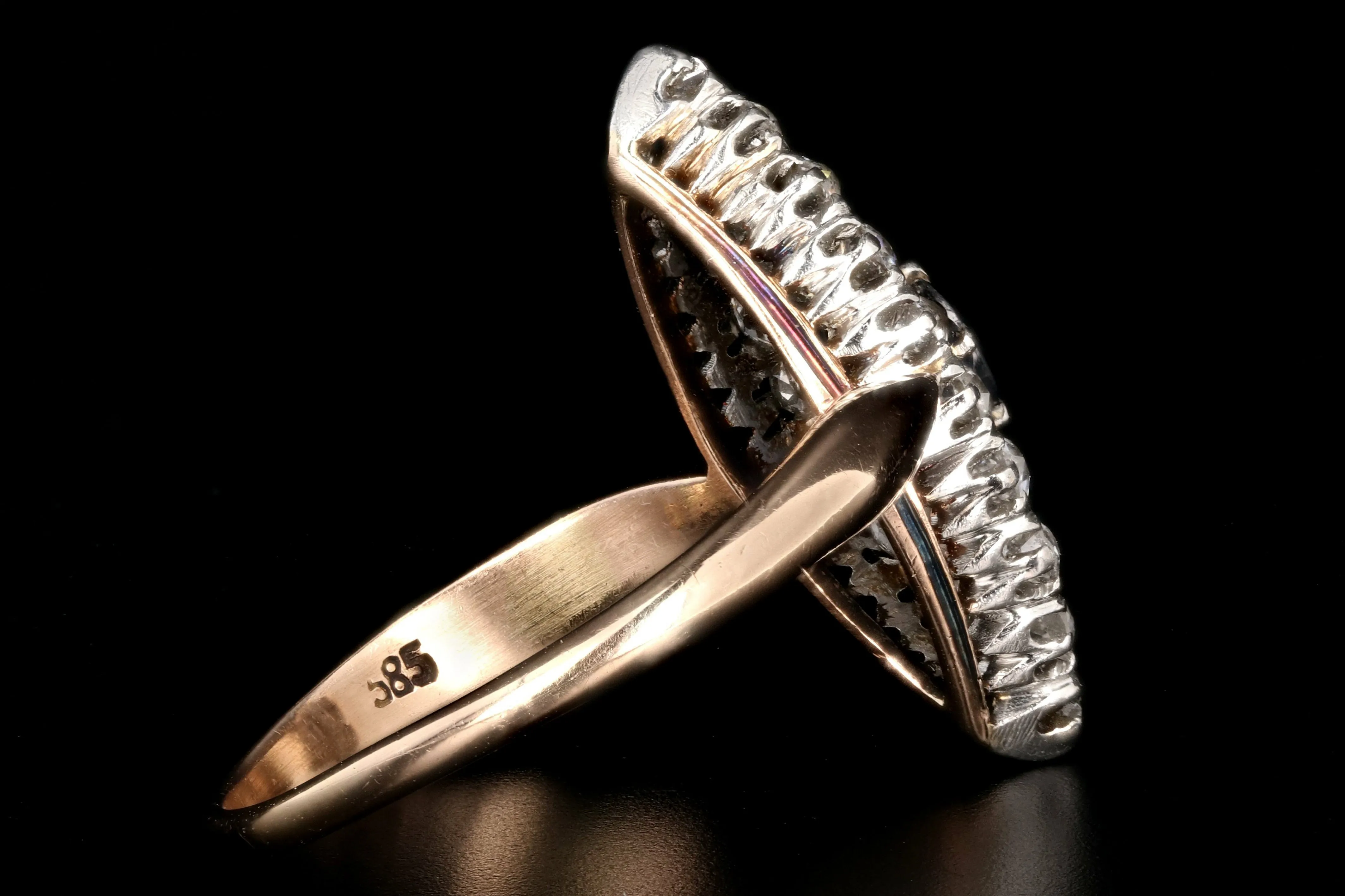 Edwardian 14K Rose Gold and Platinum Sapphire and Diamond Navette Ring