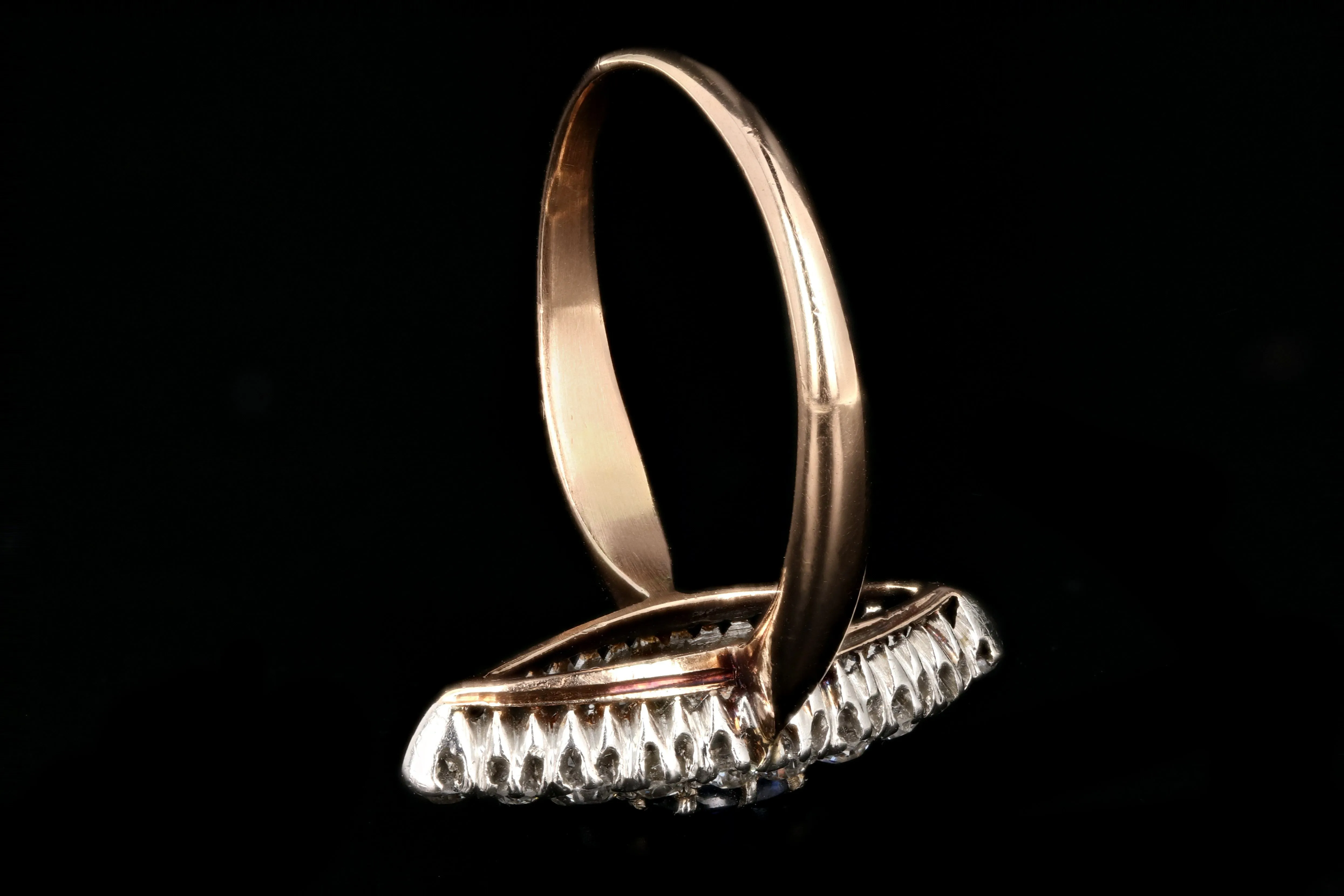 Edwardian 14K Rose Gold and Platinum Sapphire and Diamond Navette Ring