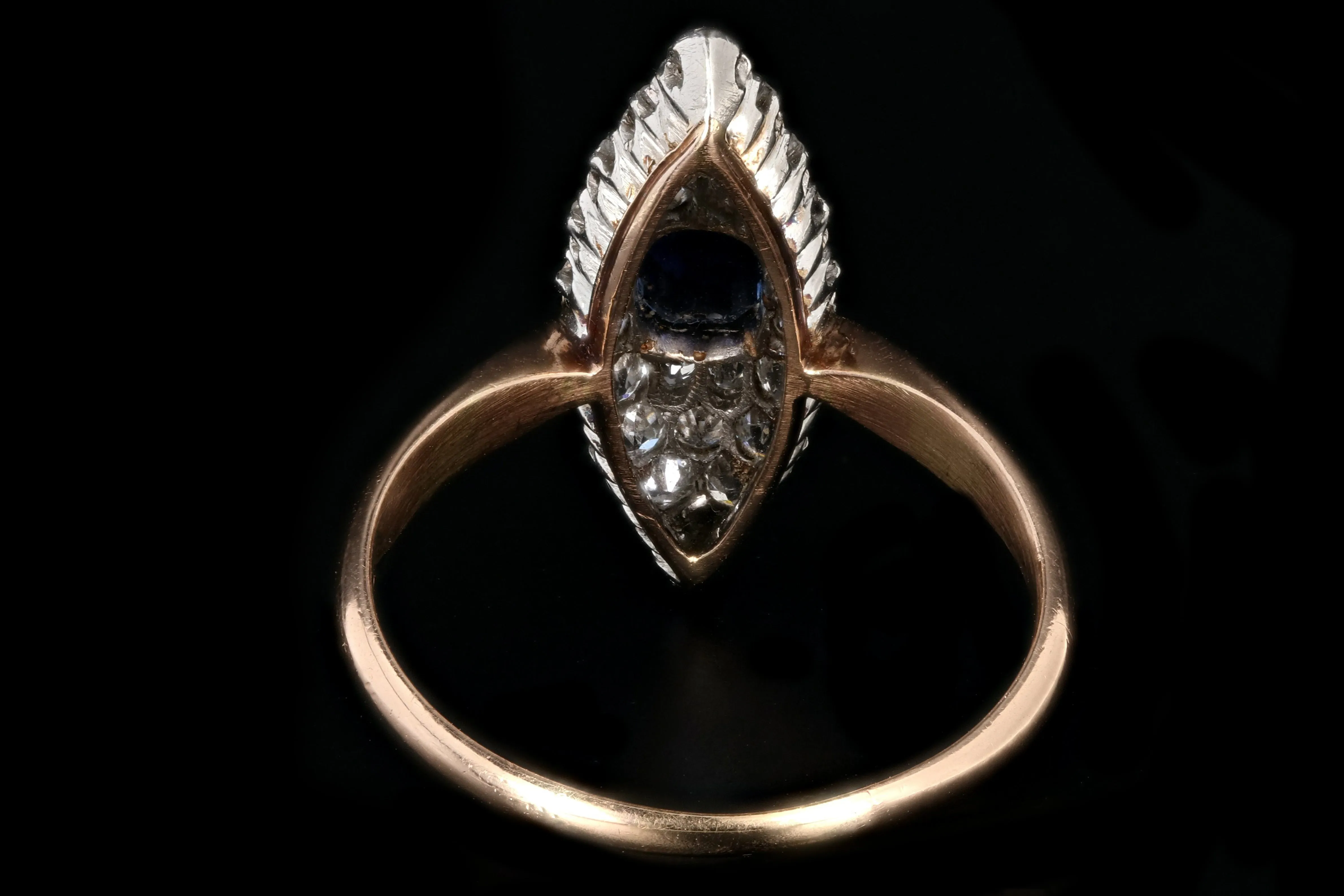 Edwardian 14K Rose Gold and Platinum Sapphire and Diamond Navette Ring