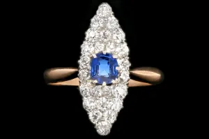Edwardian 14K Rose Gold and Platinum Sapphire and Diamond Navette Ring