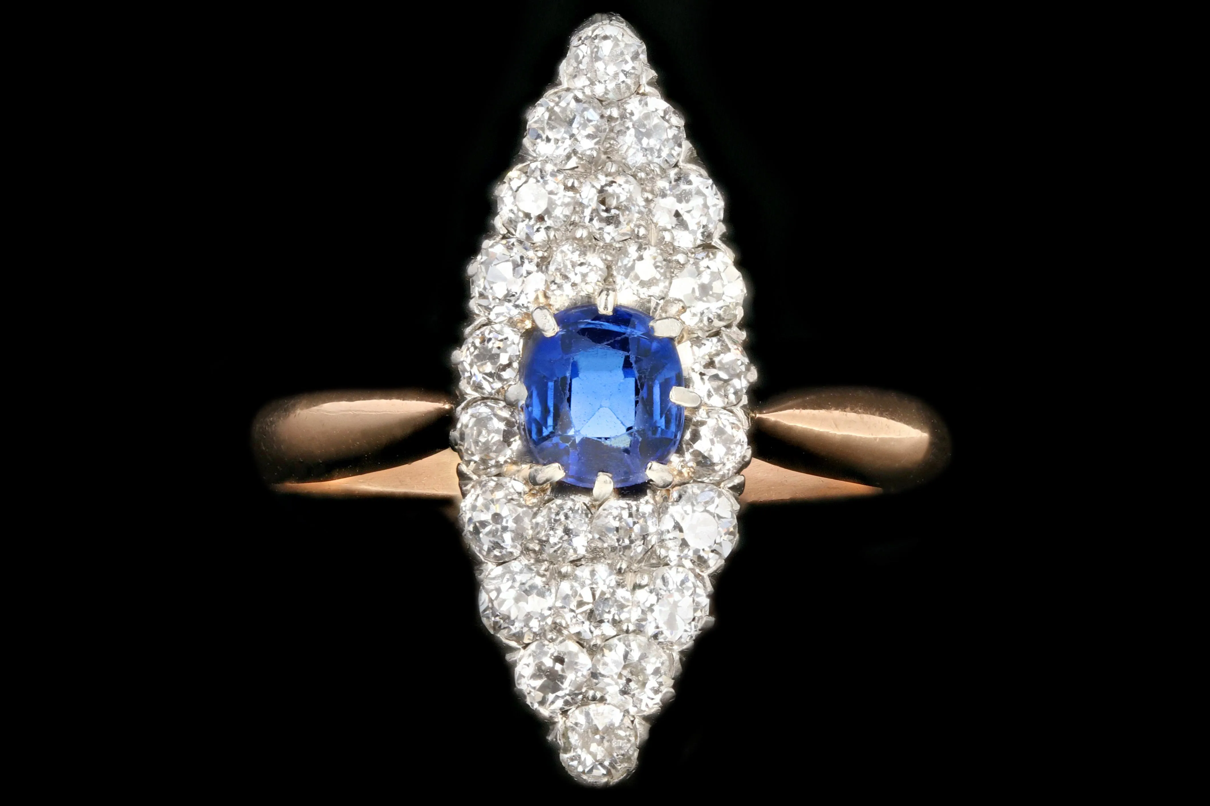 Edwardian 14K Rose Gold and Platinum Sapphire and Diamond Navette Ring