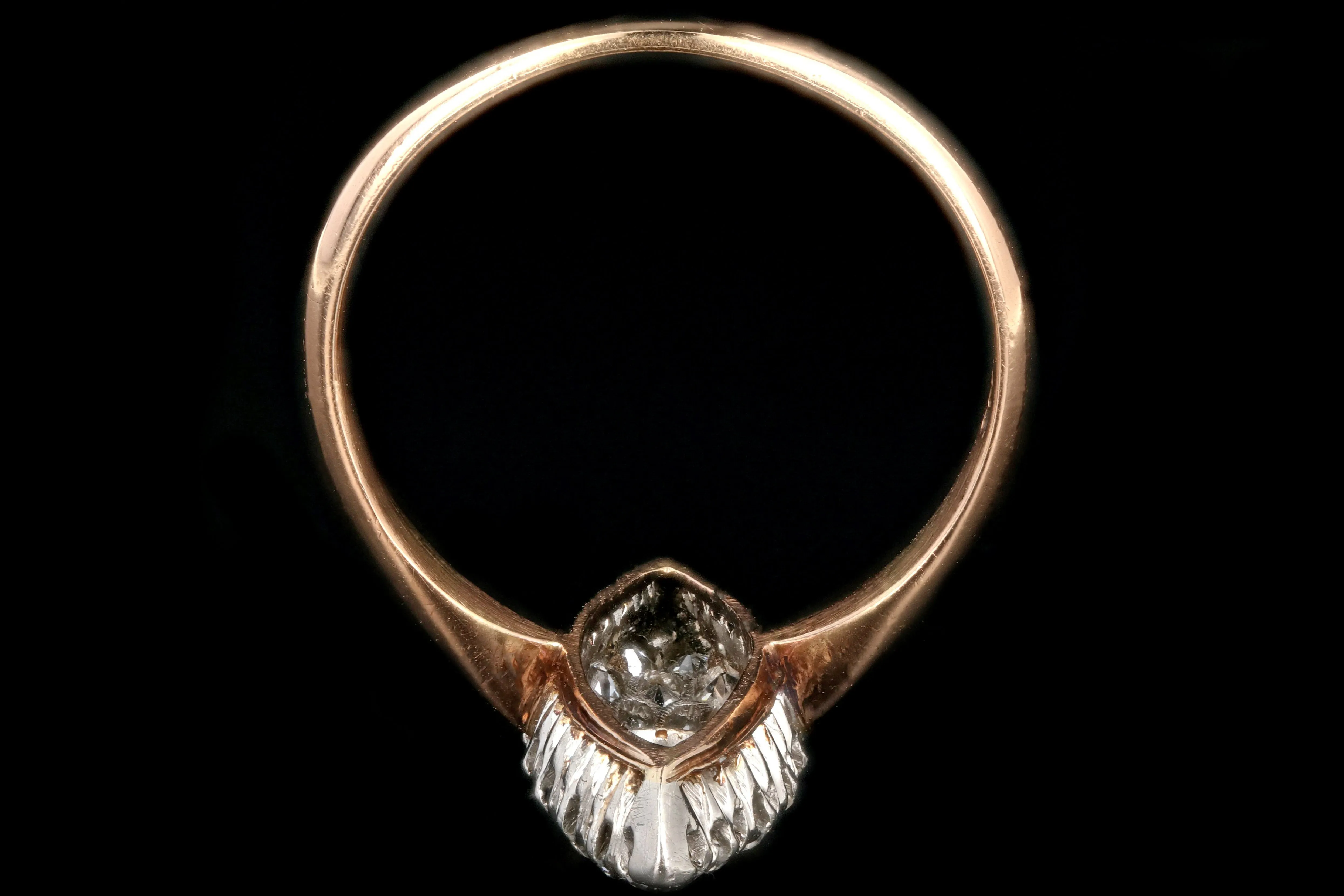 Edwardian 14K Rose Gold and Platinum Sapphire and Diamond Navette Ring