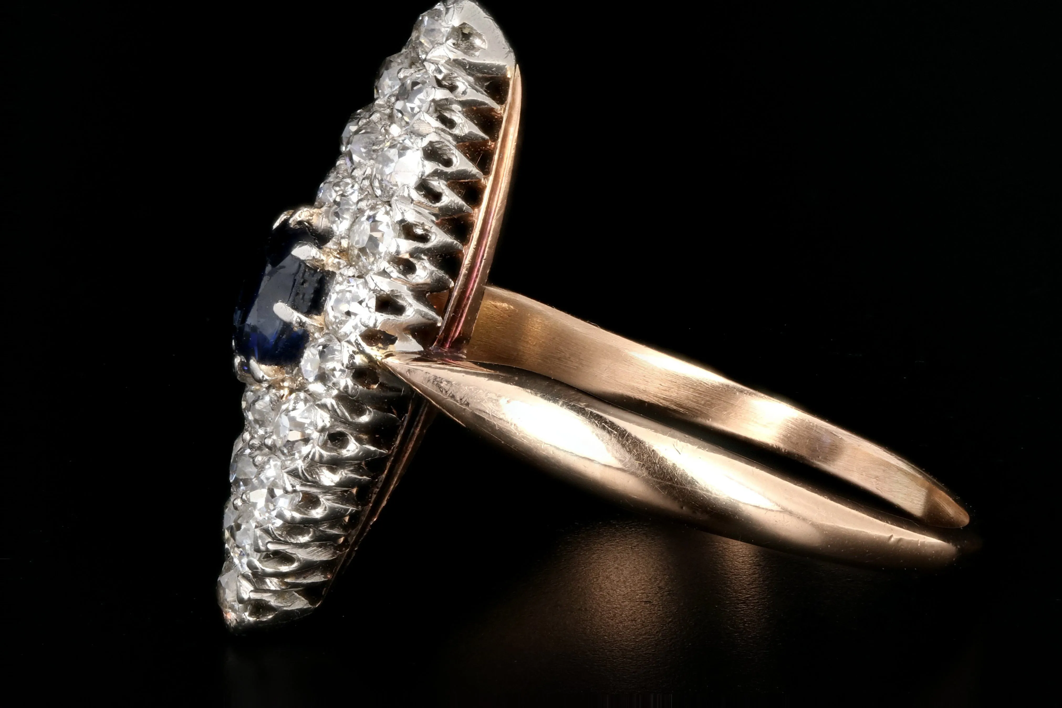 Edwardian 14K Rose Gold and Platinum Sapphire and Diamond Navette Ring