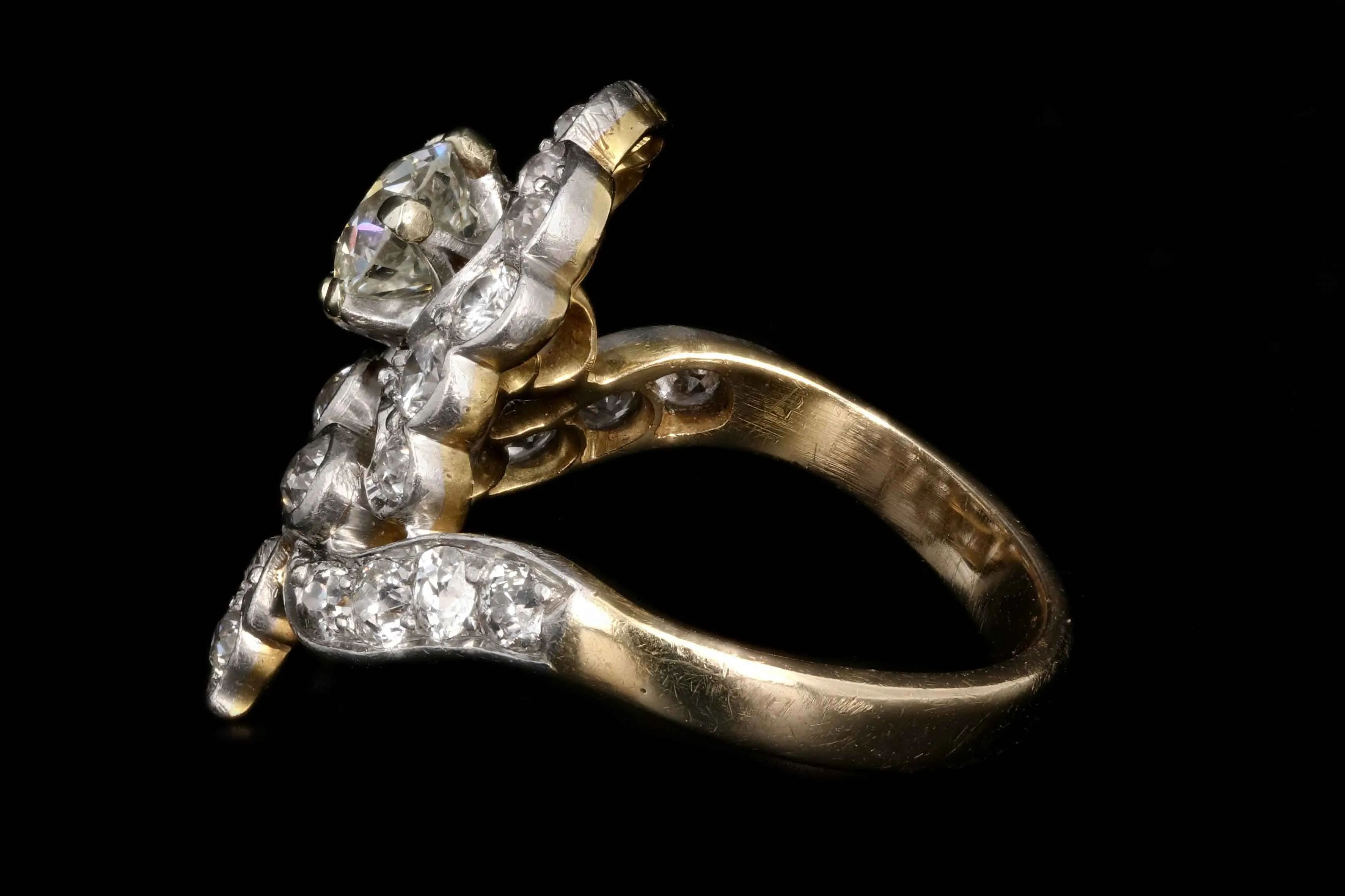 Edwardian 14K Yellow Gold and Platinum Top .87 Carats Old European Cut Diamond Ring
