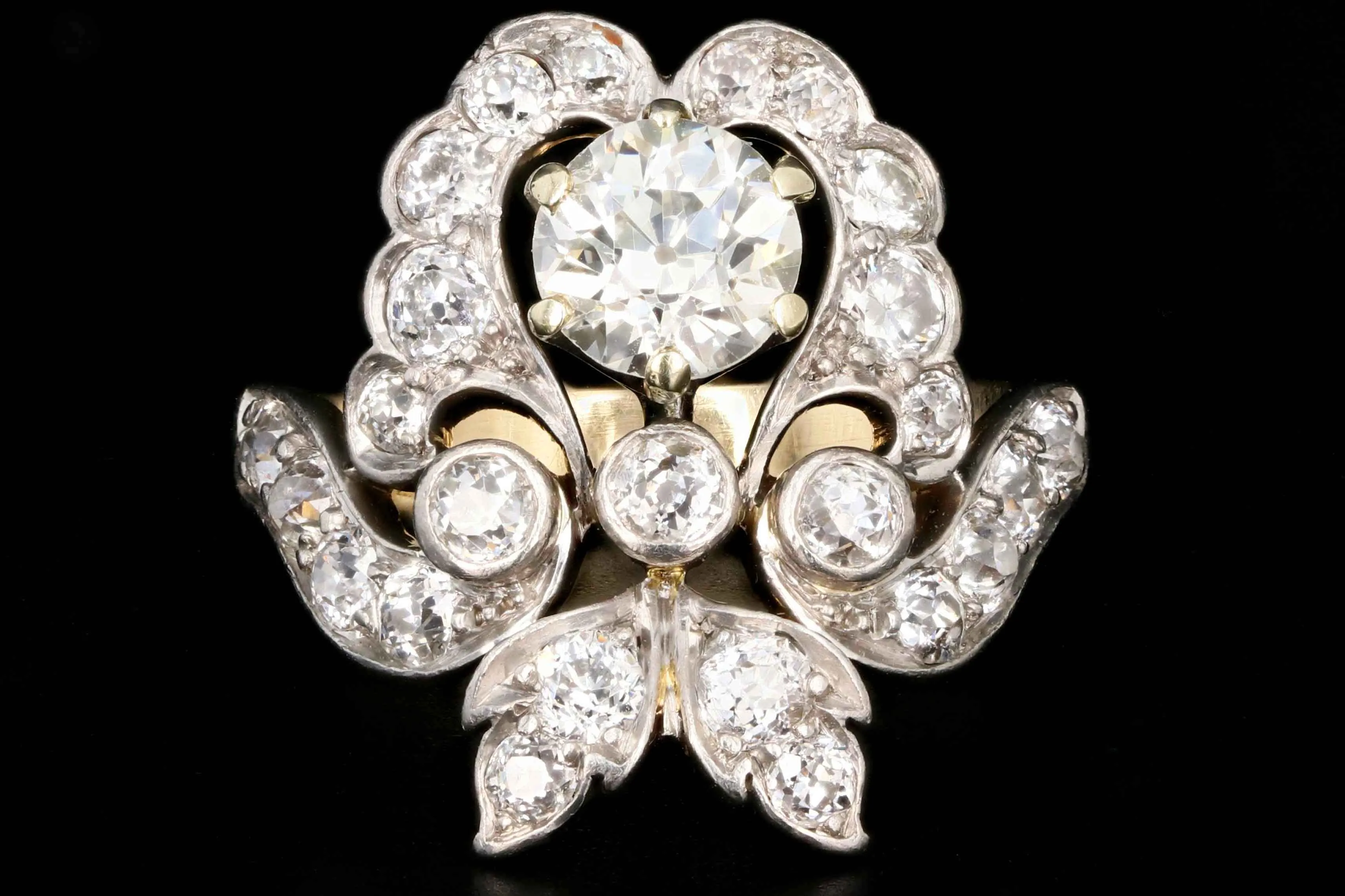 Edwardian 14K Yellow Gold and Platinum Top .87 Carats Old European Cut Diamond Ring
