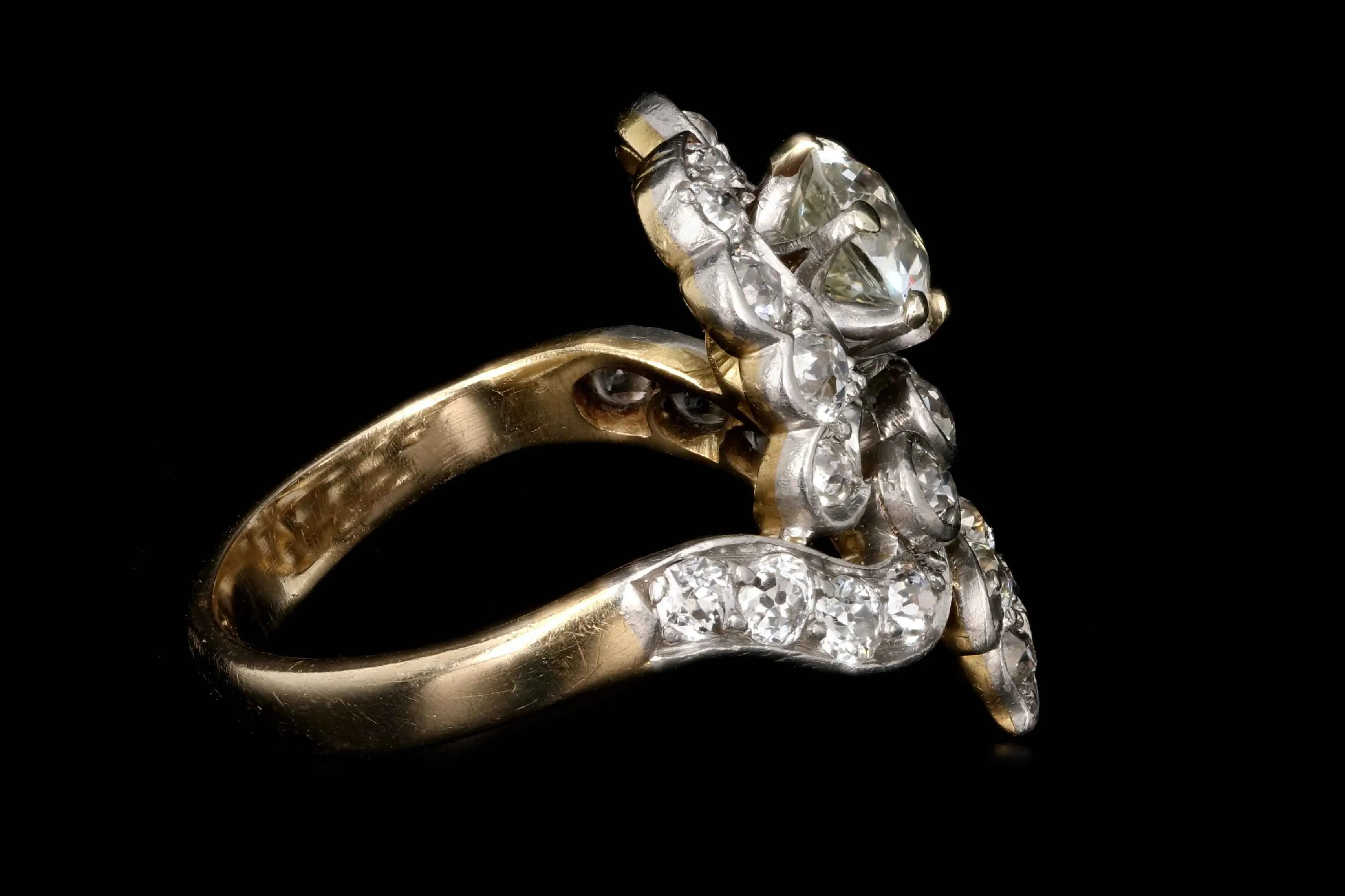 Edwardian 14K Yellow Gold and Platinum Top .87 Carats Old European Cut Diamond Ring