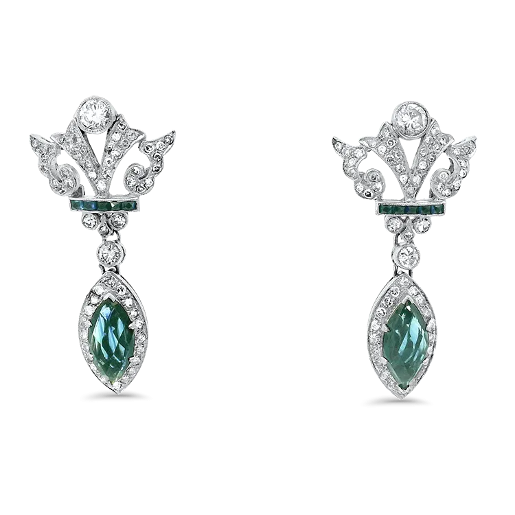 Edwardian 18k White Gold Sapphire and Diamond Dangle Earrings