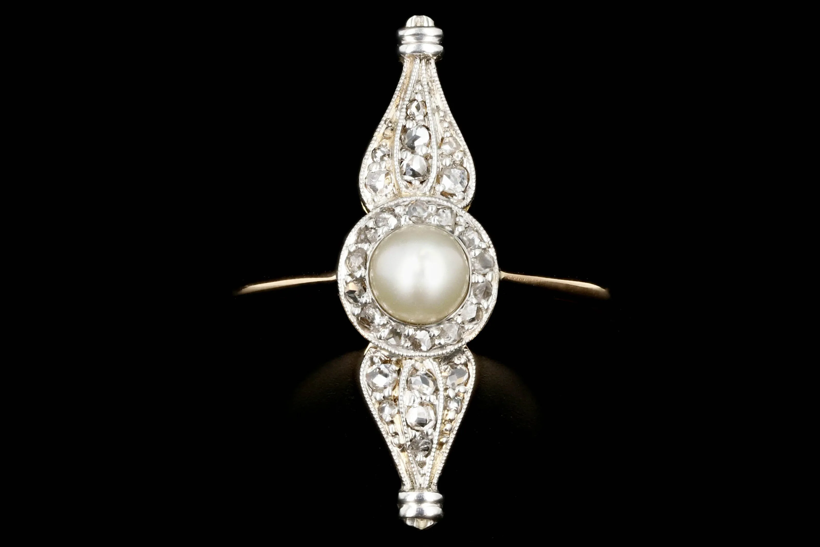Edwardian 18K Yellow Gold and Platinum Diamond and Pearl Navette Ring