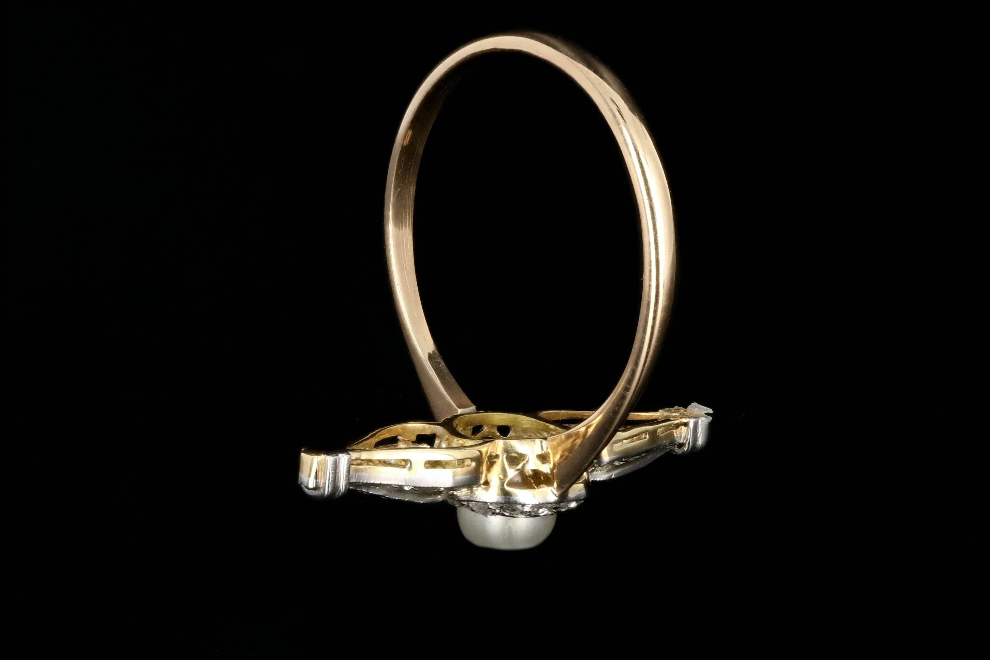 Edwardian 18K Yellow Gold and Platinum Diamond and Pearl Navette Ring
