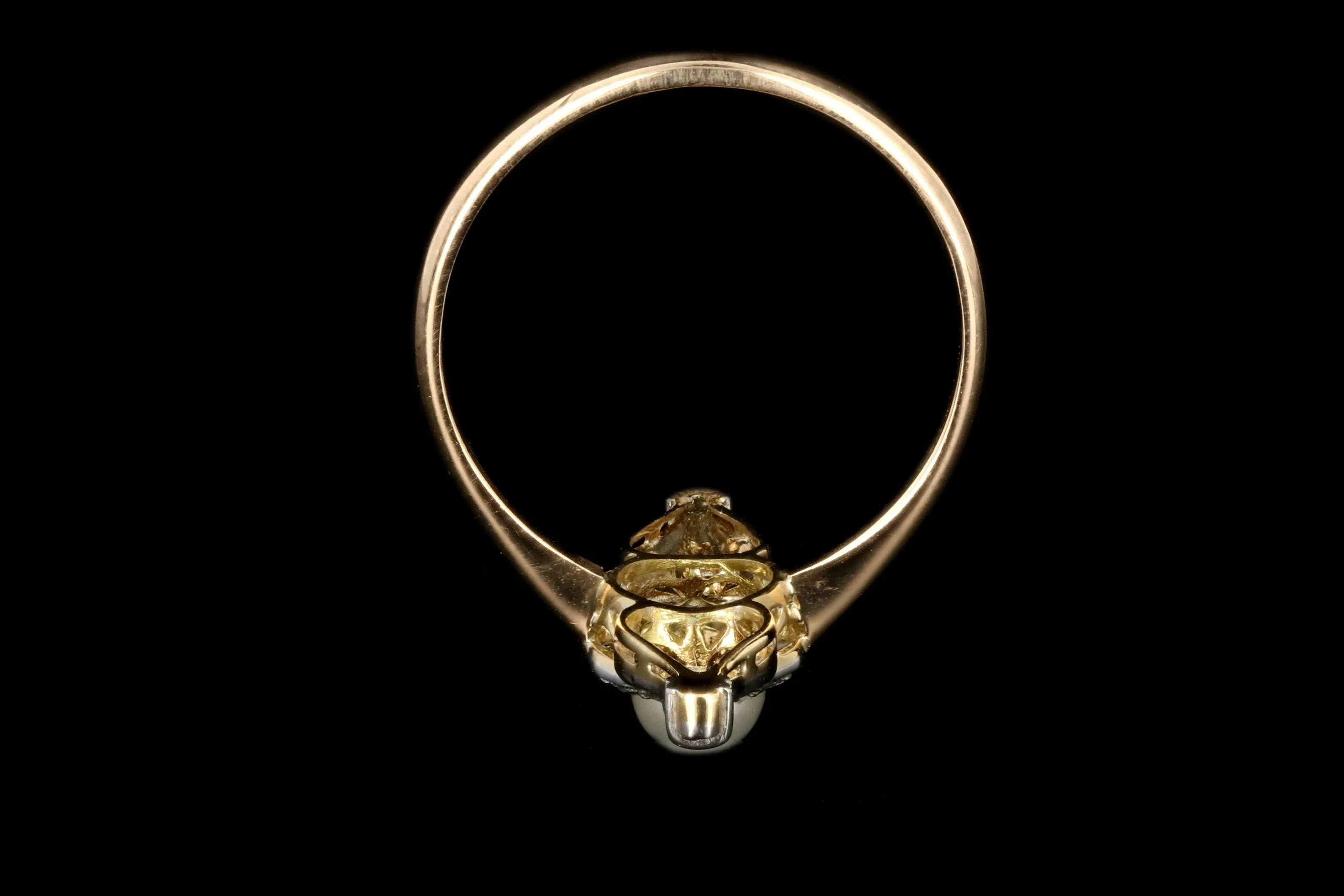 Edwardian 18K Yellow Gold and Platinum Diamond and Pearl Navette Ring