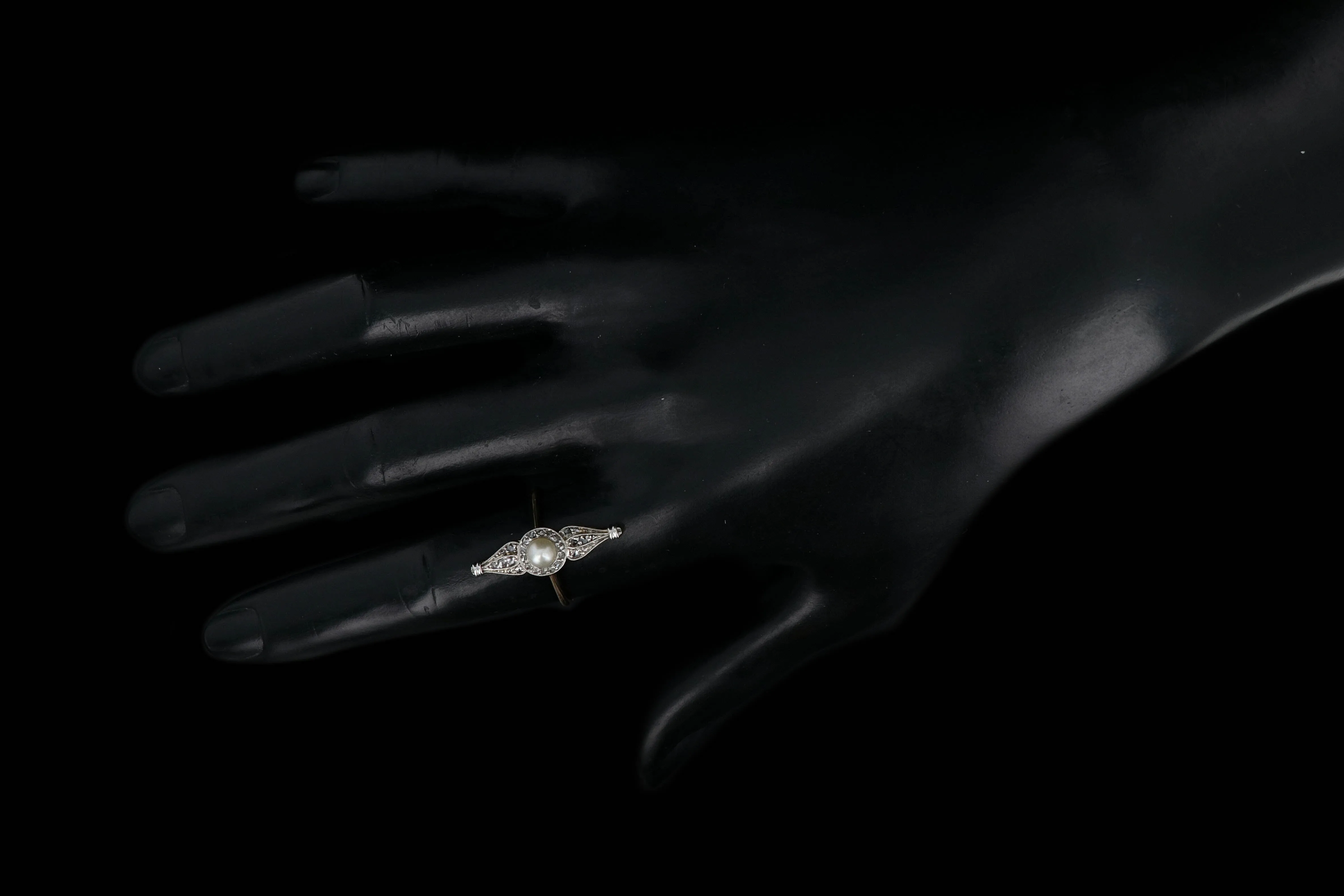 Edwardian 18K Yellow Gold and Platinum Diamond and Pearl Navette Ring