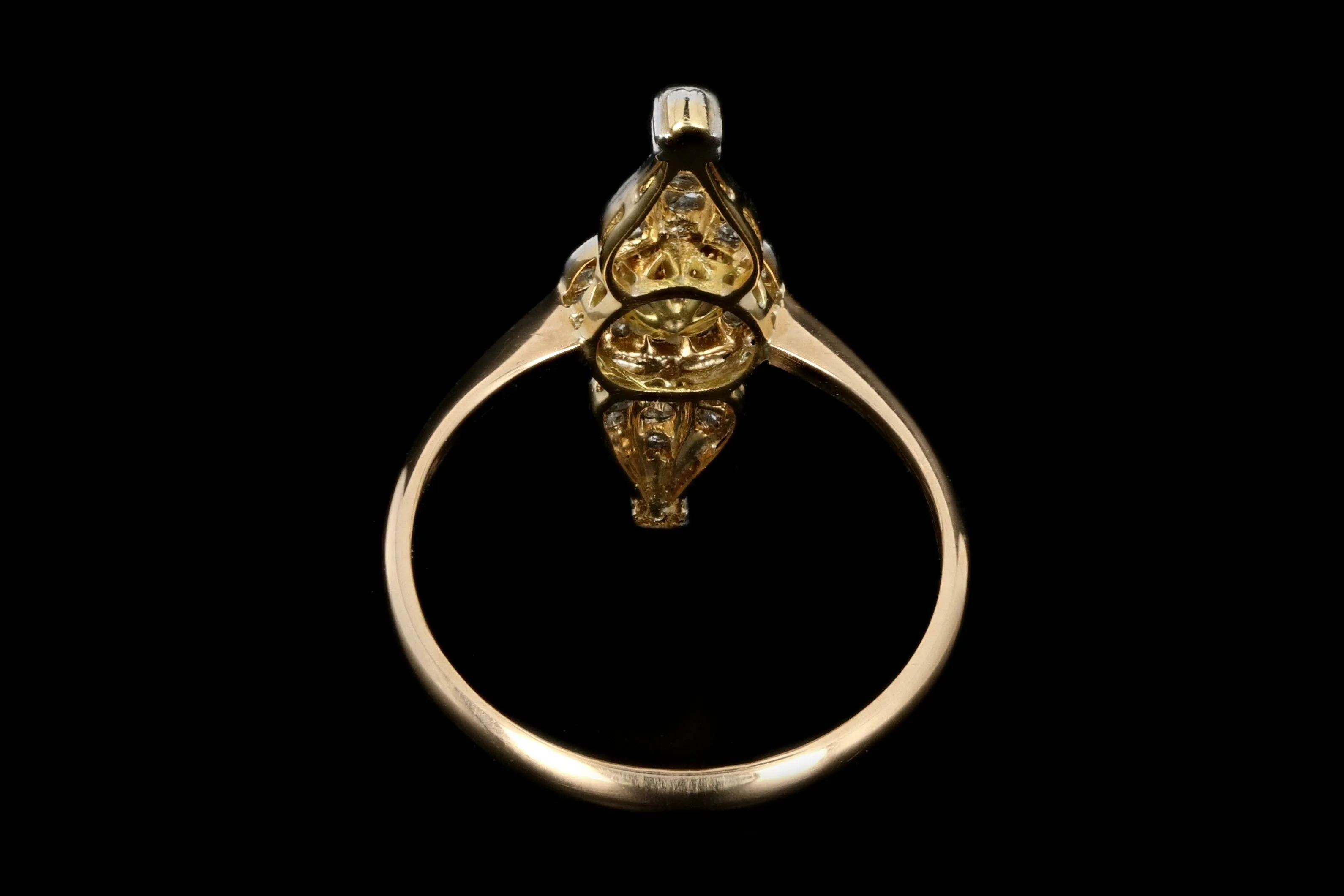 Edwardian 18K Yellow Gold and Platinum Diamond and Pearl Navette Ring