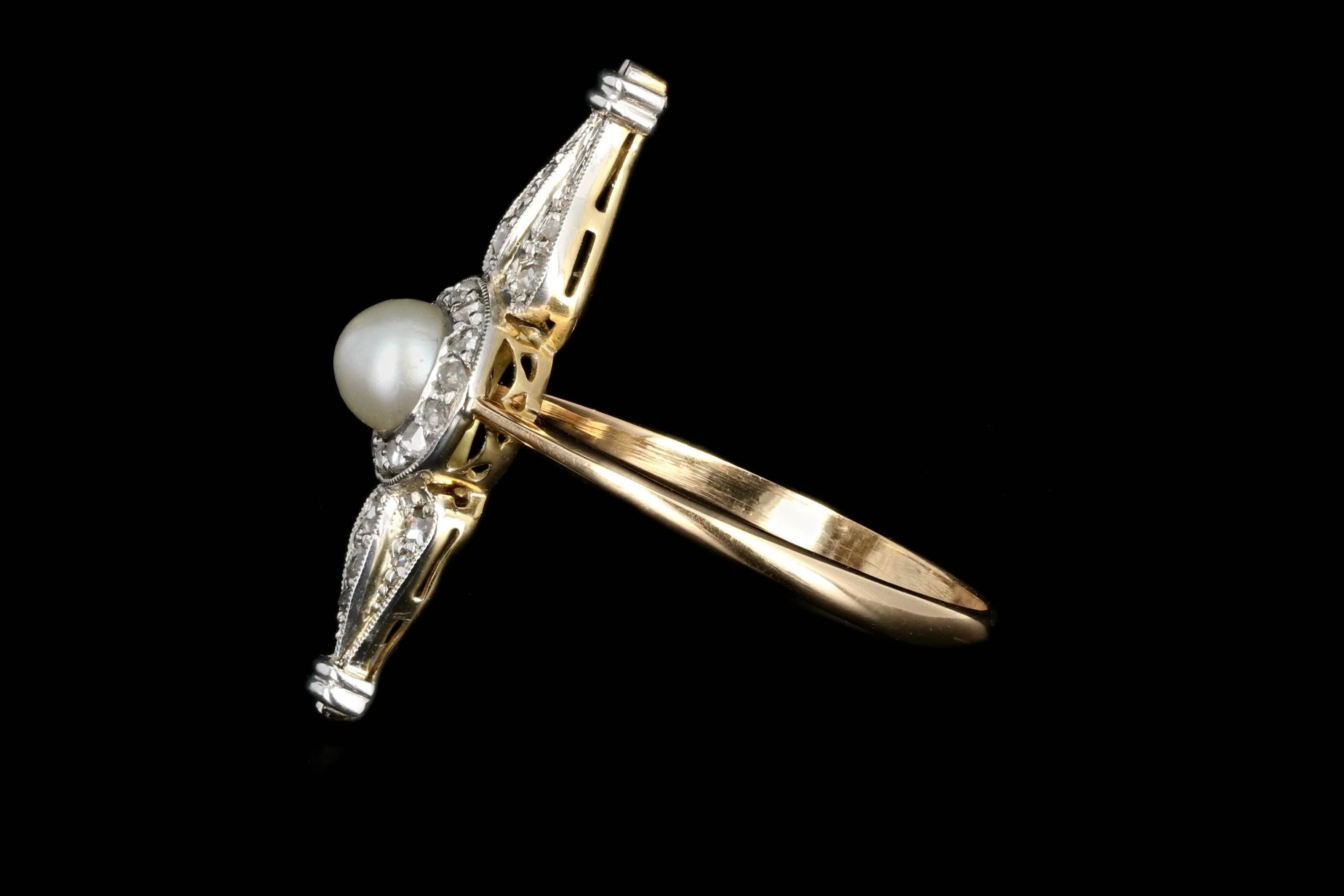 Edwardian 18K Yellow Gold and Platinum Diamond and Pearl Navette Ring