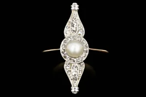 Edwardian 18K Yellow Gold and Platinum Diamond and Pearl Navette Ring