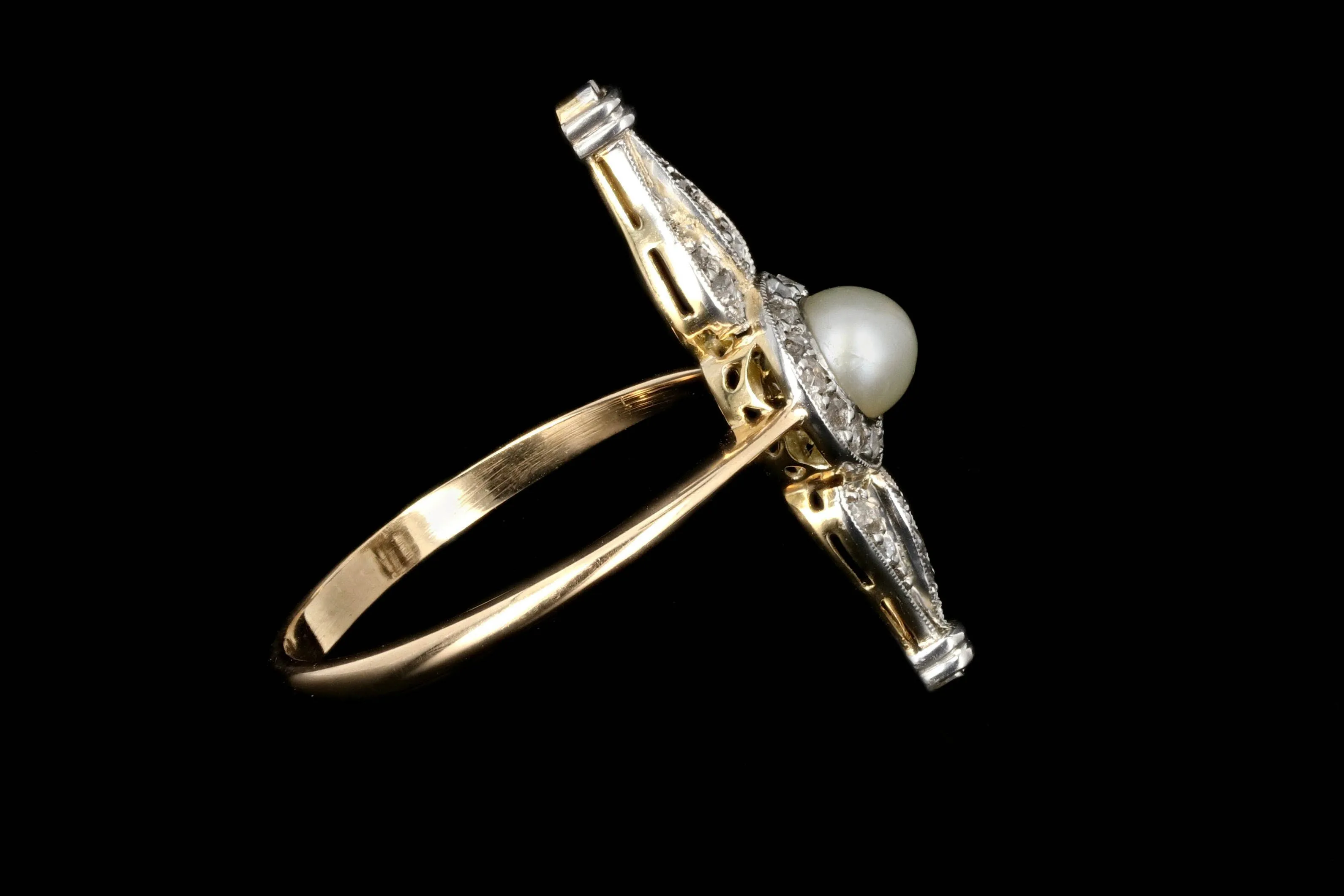 Edwardian 18K Yellow Gold and Platinum Diamond and Pearl Navette Ring