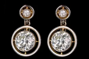 Edwardian 18K Yellow Gold Platinum 3.19 Carat Total Weight Old European Cut Diamond Drop Earrings