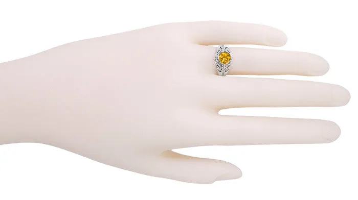 Edwardian Citrine Filigree Engagement Ring in 14 Karat White Gold - November Birthstone