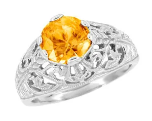 Edwardian Citrine Filigree Engagement Ring in 14 Karat White Gold - November Birthstone
