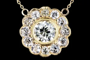 Edwardian Conversion 14K Yellow Gold 1.00 Carat Old European Cut Diamond Halo Pendant Necklace GIA Certified