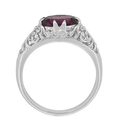 Edwardian East West Oval Rhodolite Garnet Filigree Engagement Ring in 14 Karat White Gold