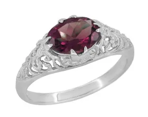 Edwardian East West Oval Rhodolite Garnet Filigree Engagement Ring in 14 Karat White Gold