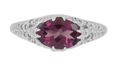 Edwardian East West Oval Rhodolite Garnet Filigree Engagement Ring in 14 Karat White Gold
