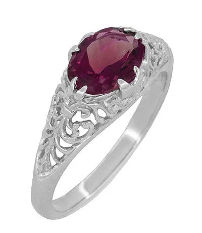Edwardian East West Oval Rhodolite Garnet Filigree Engagement Ring in 14 Karat White Gold