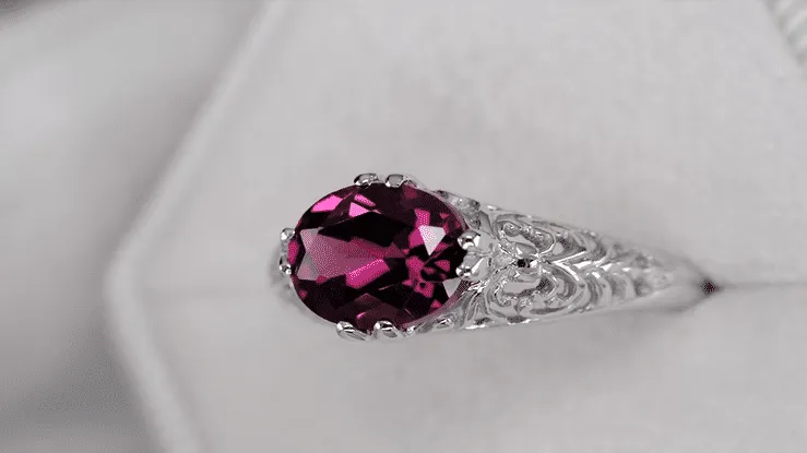 Edwardian East West Oval Rhodolite Garnet Filigree Engagement Ring in 14 Karat White Gold