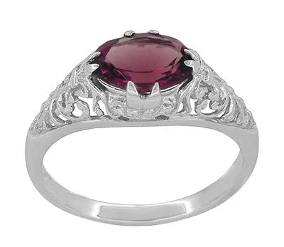 Edwardian East West Oval Rhodolite Garnet Filigree Engagement Ring in 14 Karat White Gold
