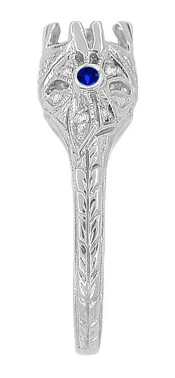 Edwardian Engagement Ring Setting with Side Blue Sapphires and Diamonds in 18 Karat White Gold