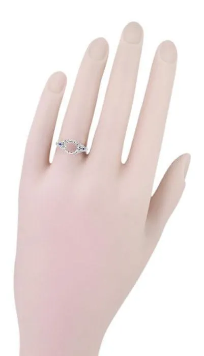 Edwardian Engagement Ring Setting with Side Blue Sapphires and Diamonds in 18 Karat White Gold
