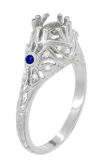 Edwardian Engagement Ring Setting with Side Blue Sapphires and Diamonds in 18 Karat White Gold